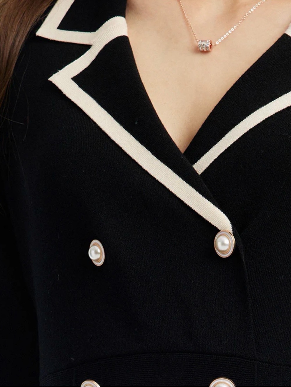 NWT Goelia Elegant Black Dress, Cream Trim, Double-Breasted Pearl Buttons - Sz L - Picture 7 of 8